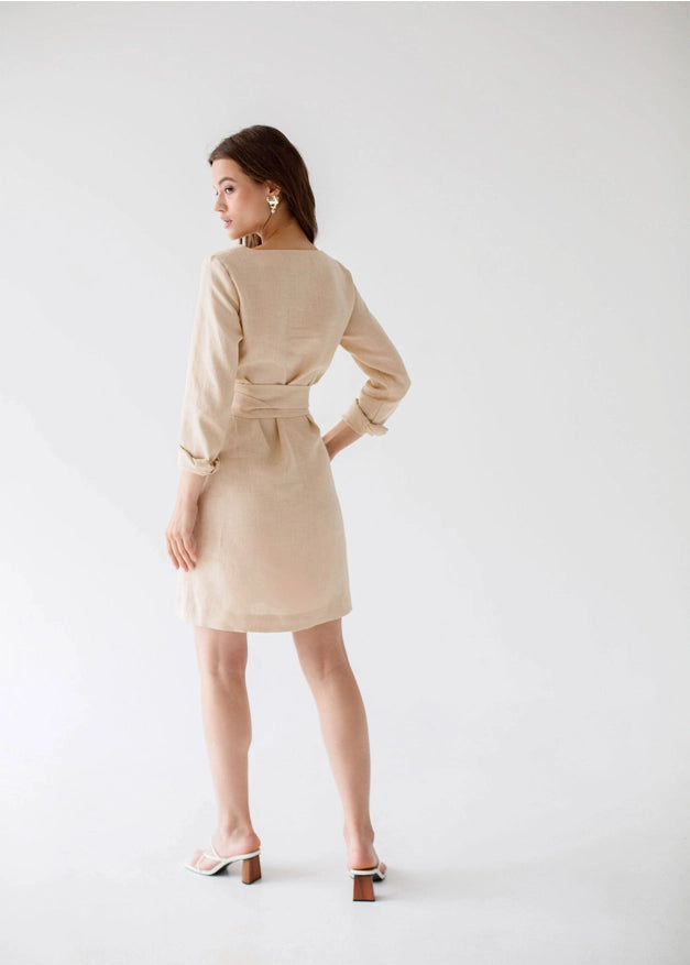 Wrap Linen Belted Beige Bridesmaid Dress For Women Mini-Dress-Nich Linen-XXS-Urbanheer