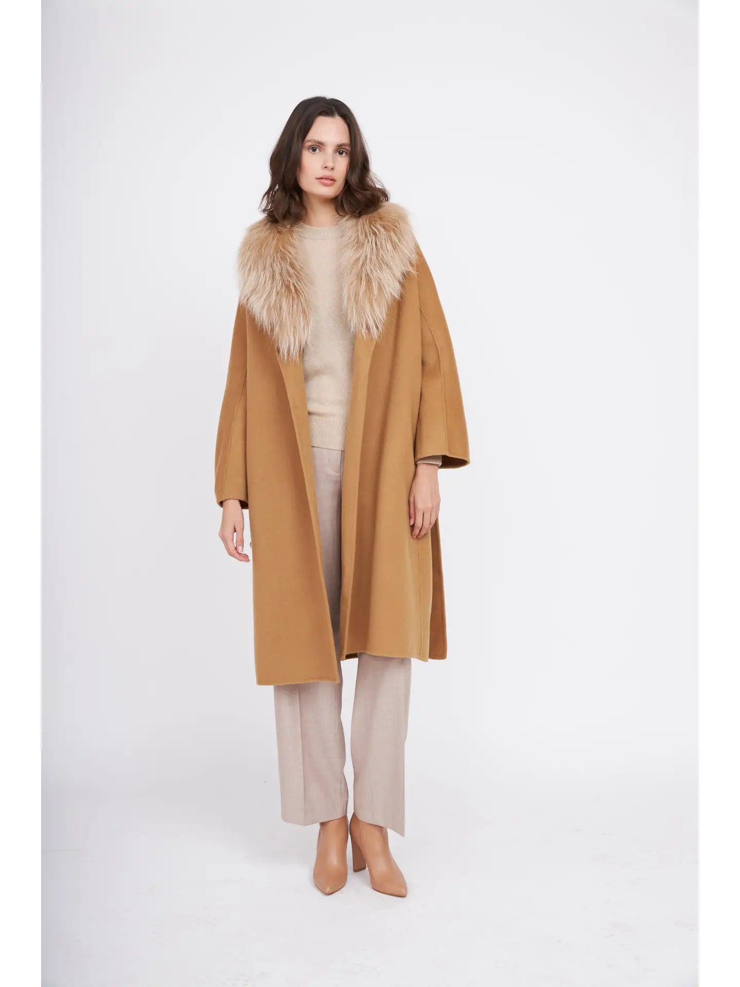 Fur Shawl Collar Cashmere Coat Camel
