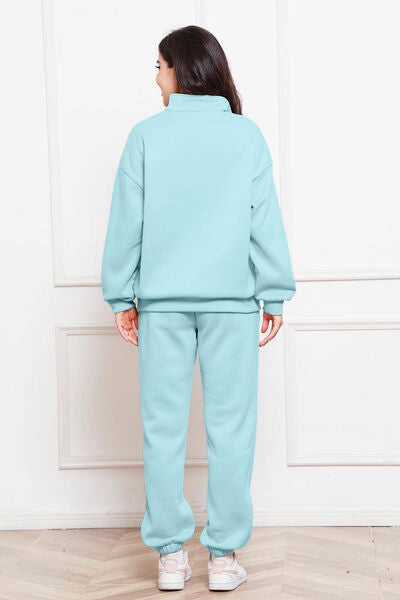 Half Zip Long Sleeve Sweatshirt and Pants Set Pastel Blue-Sets-Blak Wardrob-S-Urbanheer