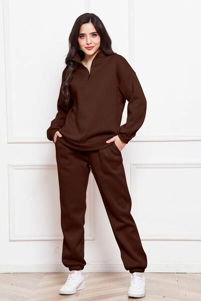 Half Zip Long Sleeve Sweatshirt and Pants Set Chocolate-Sets-Blak Wardrob-Urbanheer