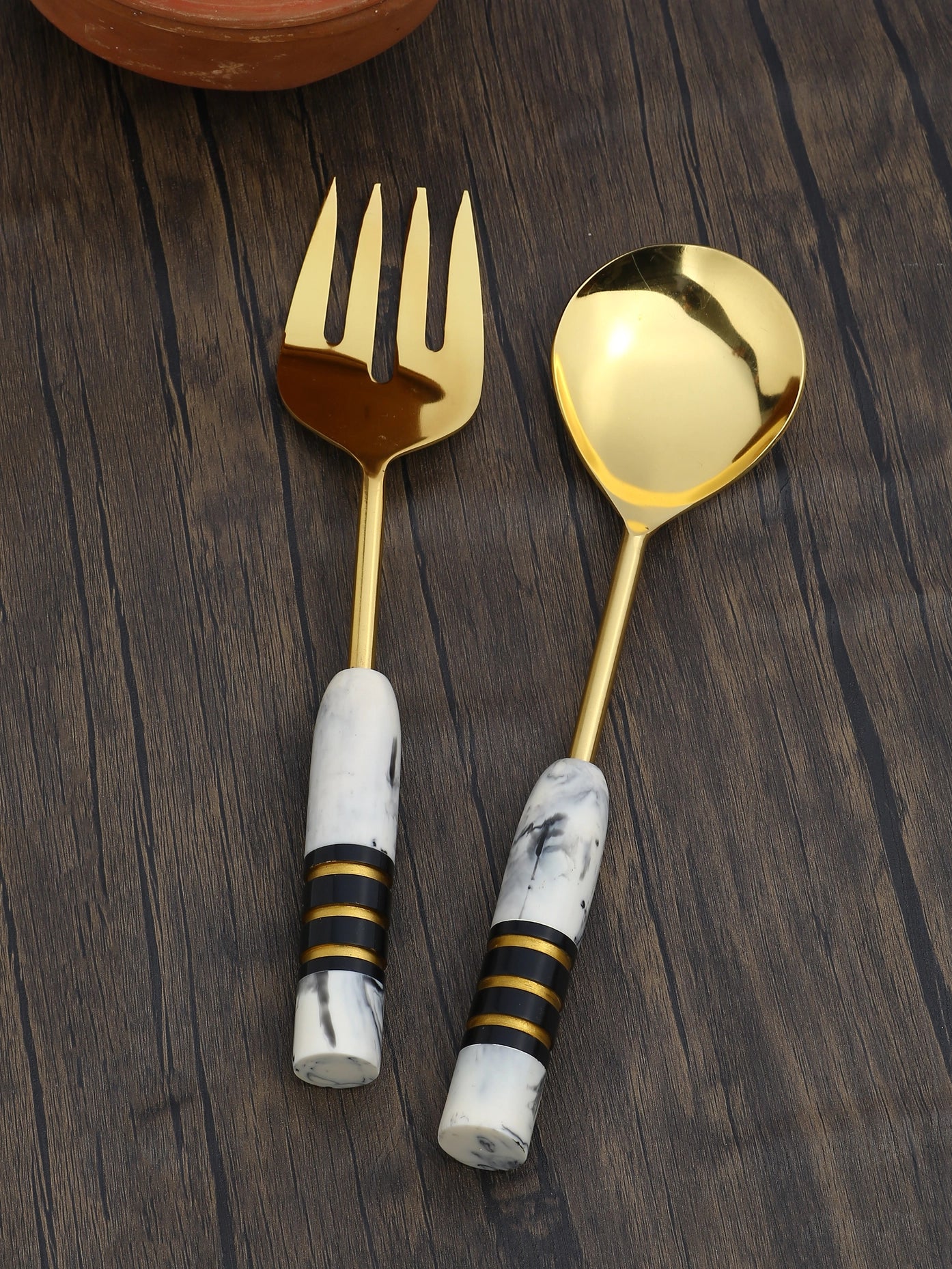 Gold Plated Metal & Resin Salad Server 2- Piece Set-Tiramisu-Urbanheer