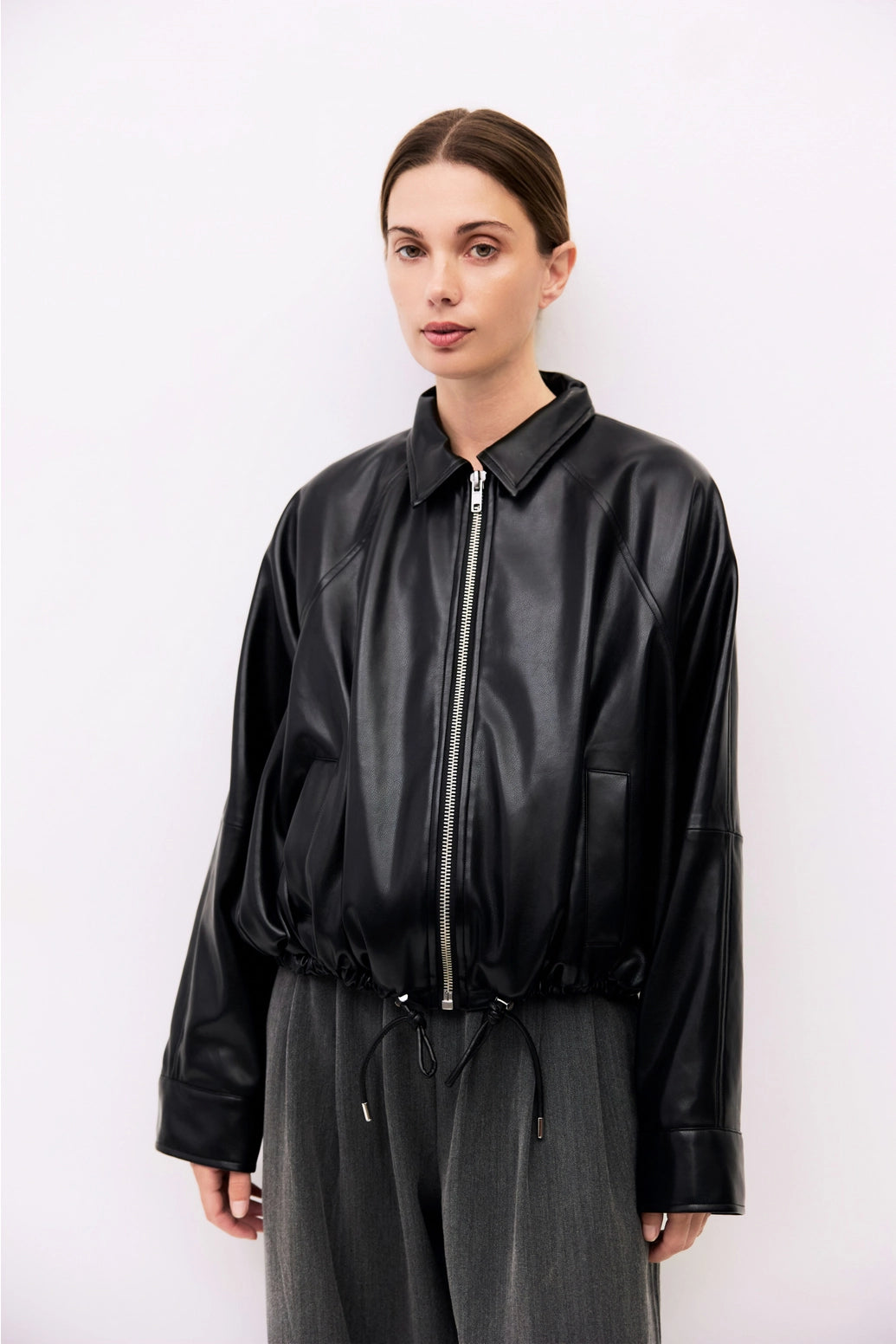 The Lizette Jacket Pleather Drawstring Bomber Jacket