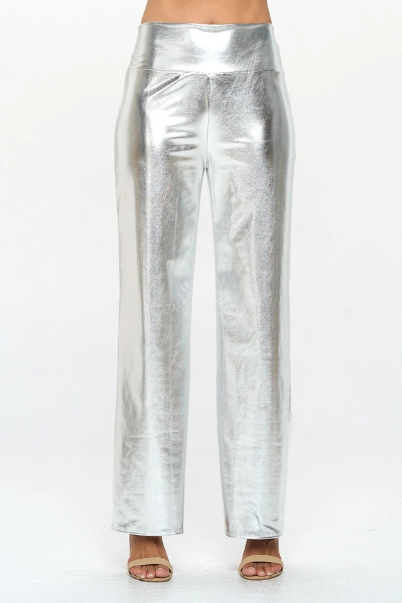 Made in USA Metallic Wide Leg Pants with Thick Waistband SILVER-Pants-Renee C.-SILVER-S-Urbanheer