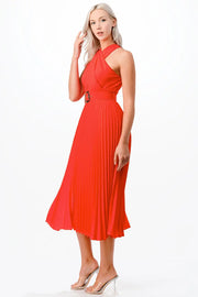 Cross Over Pleats Midi Dress- Orange-Clothing - Women-Neon Blush-S-Orange-Urbanheer
