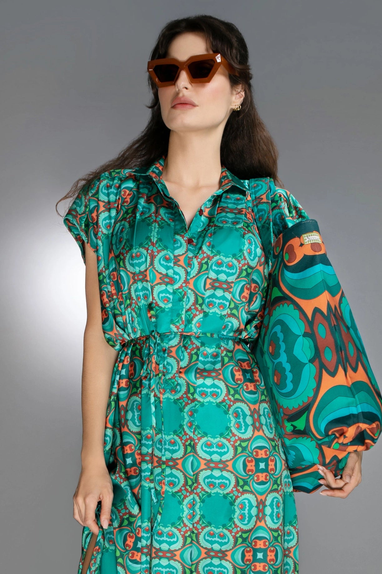Teal/Orange Modern Relaxed Fit Satin Spread Collar Dress-Nuvula-XS-Urbanheer