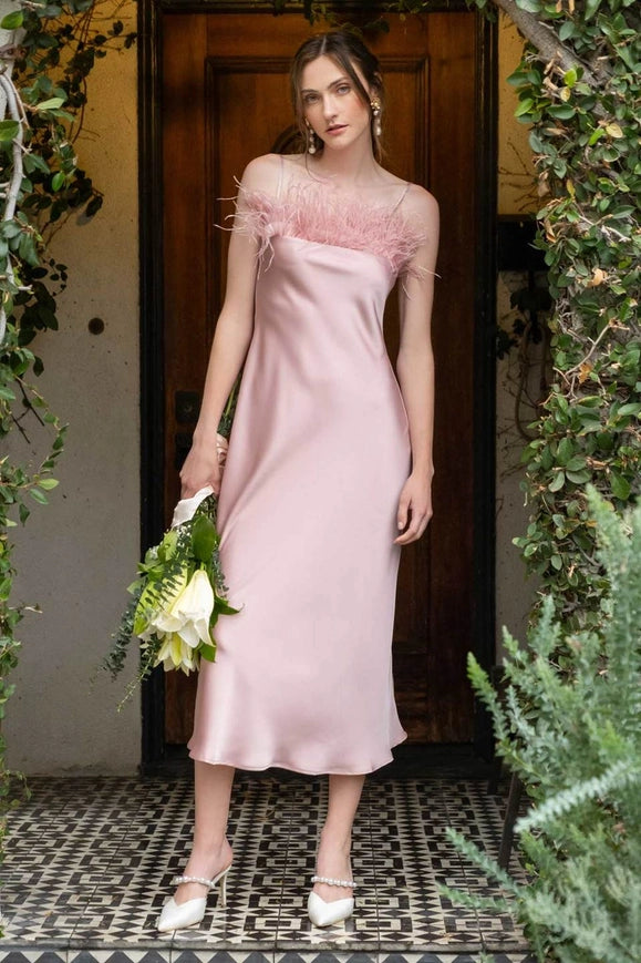 Faux Feather Trim Slip Midi Dress PINK-Dress-Blu Pepper-PINK-Urbanheer