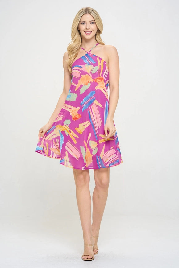 Print Halter Neck Swing Dress Magenta-Dress-Renee C.-Magenta-S-Urbanheer