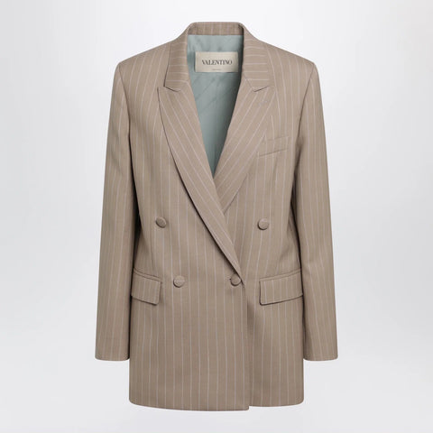 Valentino Double-Breasted Pinstripe Jacket in Mud/Ivory Virgin Wool