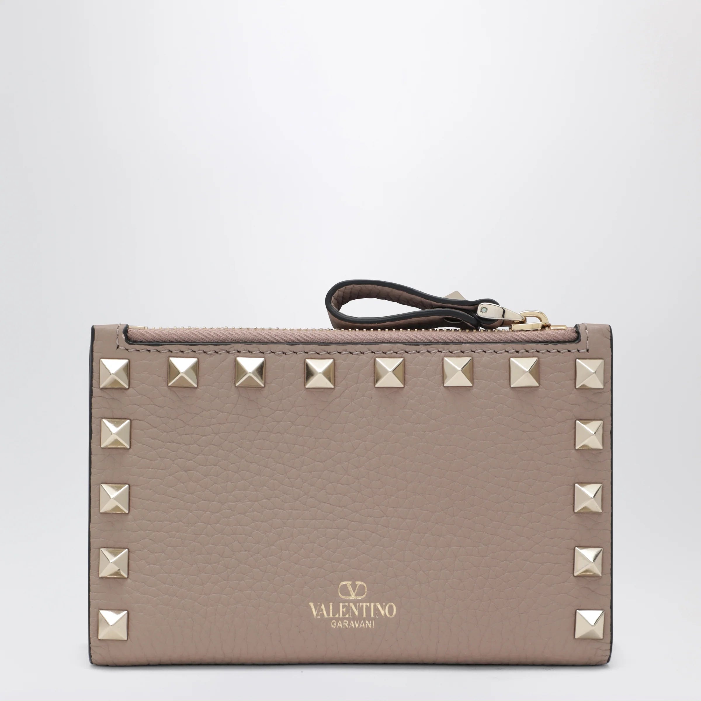 Valentino Powder Pink Leather Rockstud Zip Card Holder