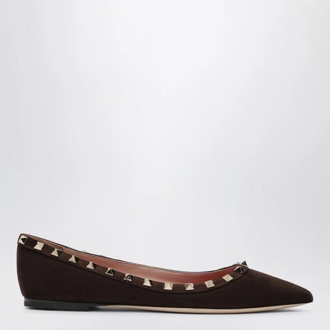 Valentino Garavani Brown Suede Rockstud Ballet Flats