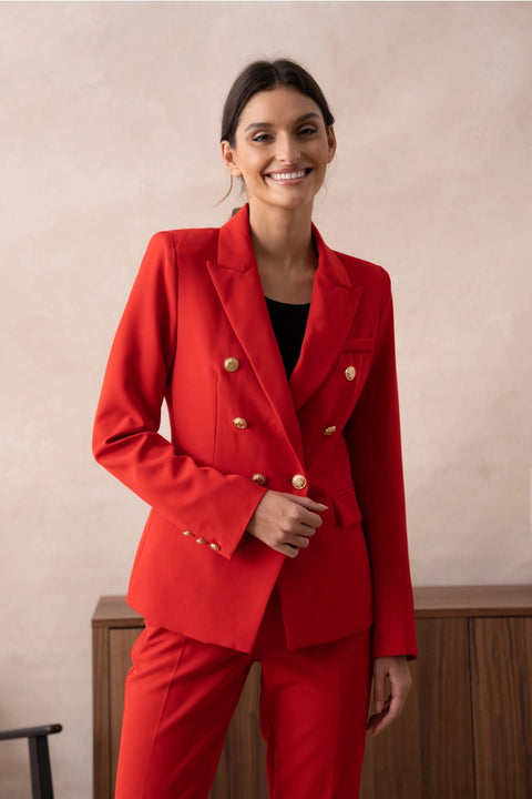 Timeless Fitted Double-Breasted Suit Jacket with Gold Buttons Red