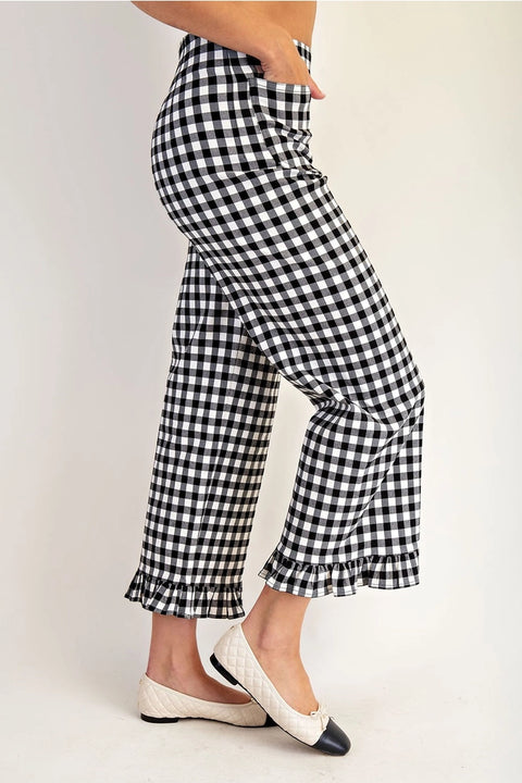Gingham Ruffle Trim Straight Leg Pants