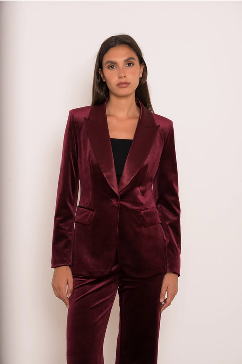 Velvet Fitted Velvet Tuxedo Blazer with Satin Lapel