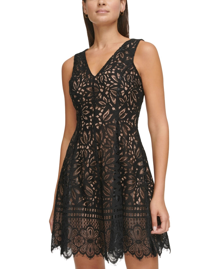 Corded Lace Fit/Flare-Dress-Kensie Dresses-2-BLACK/NUDE-Urbanheer