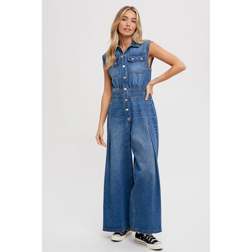 Denim Jumpsuit Med Wash-Jumpsuits & Rompers-Faith Apparel-S-Urbanheer
