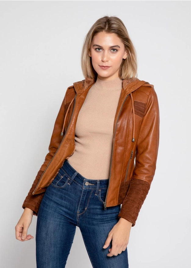 Arya Brown Suede Women Hooded Leather Jacket-Jacket-Fadcloset-XS-Urbanheer