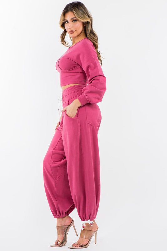 High Waisted Baggy French Terry Pants Magenta-Pants-LABIJOU-S-Urbanheer