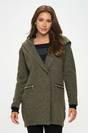 Olive Knit Open Front Cardigan With Hoodie And Zipper Detail-Renee C.-S-Urbanheer