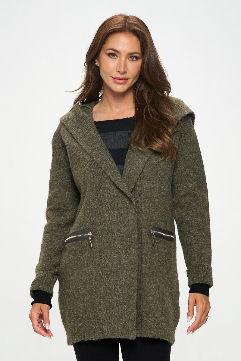 Olive Knit Open Front Cardigan With Hoodie And Zipper Detail-Renee C.-S-Urbanheer