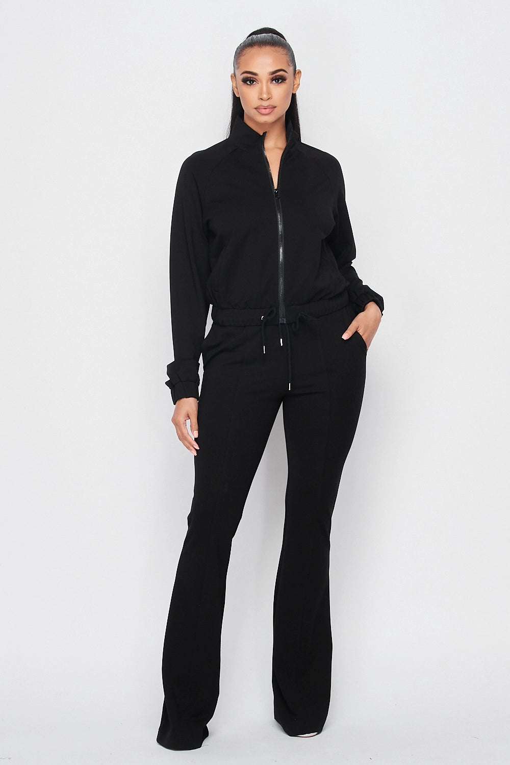 Simple Day Knit Track Jacket and Flare Pants Set | Black