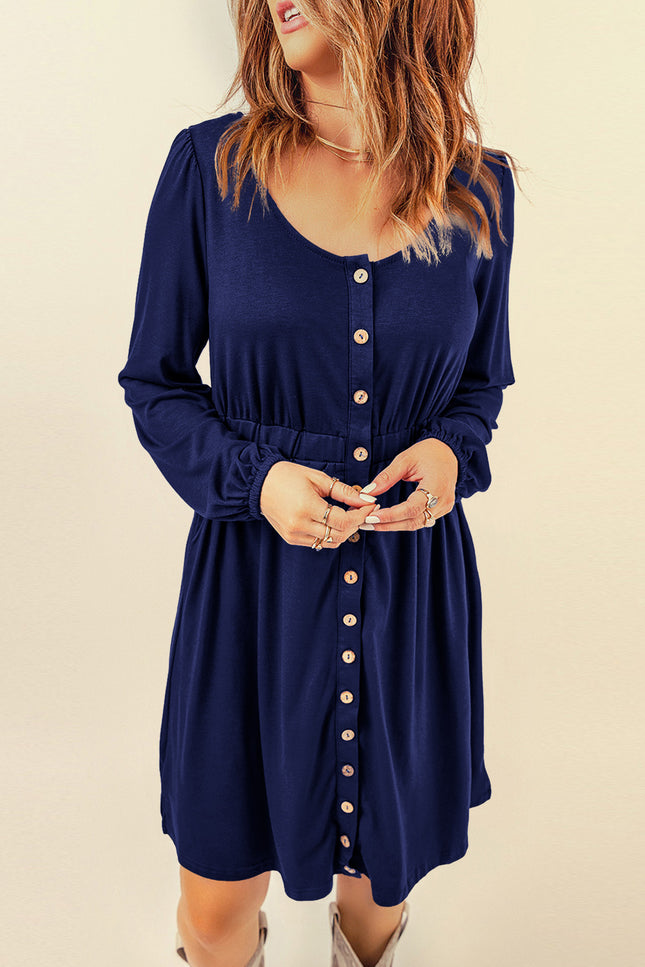 Button Down Long Sleeve Dress With Pockets-UHX-Navy-S-Urbanheer
