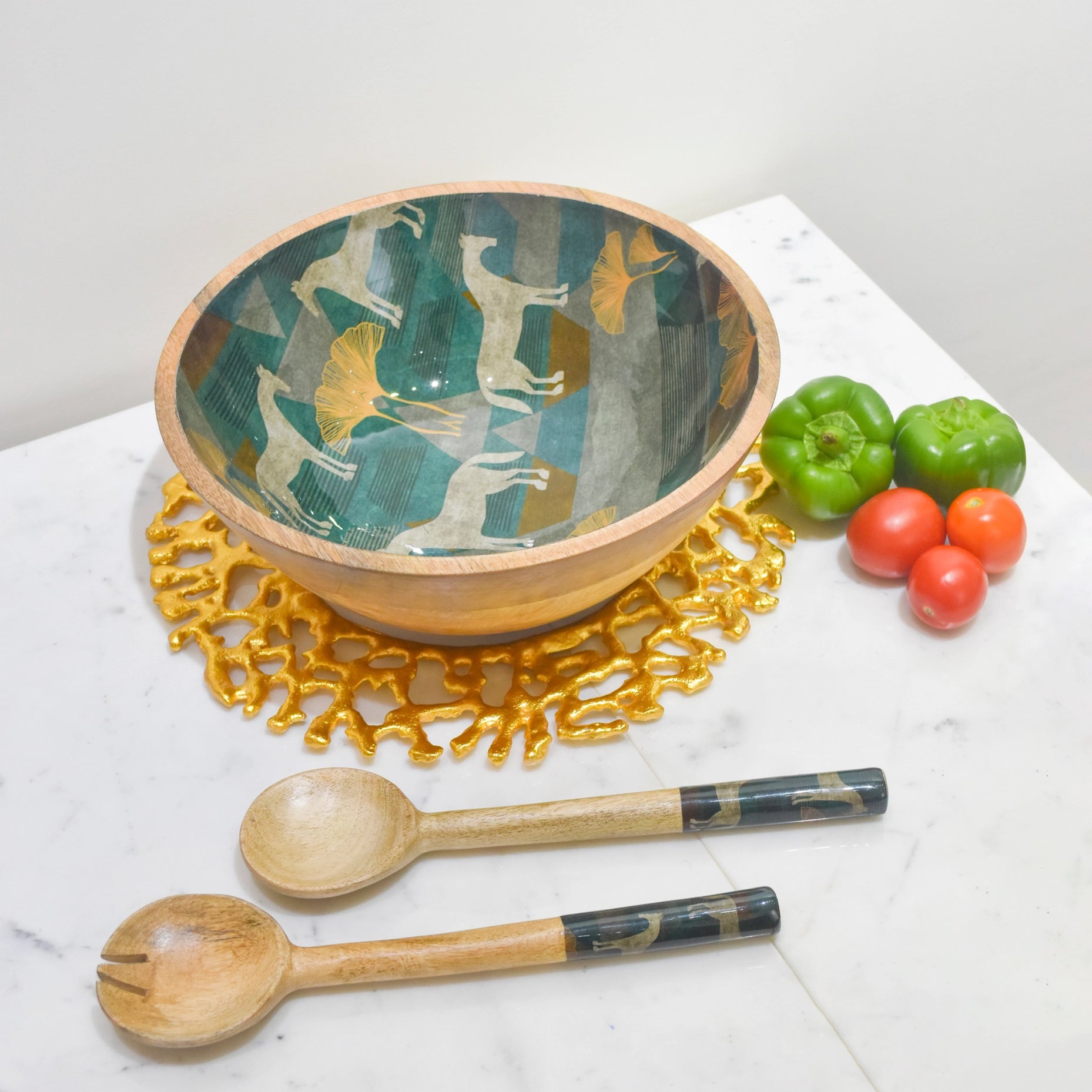 Moon Horse Salad Bowl With Salad Servers-Tiramisu-Urbanheer