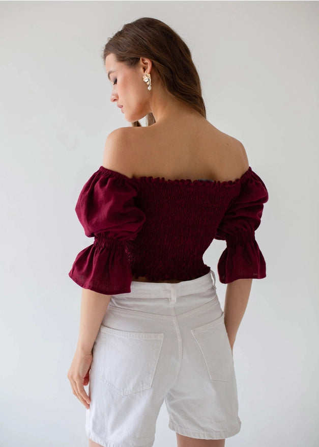 Burgundy Off The Shoulder Puffed Sleeve Linen Top For Woman-TOP-Nich Linen-XXS-Urbanheer