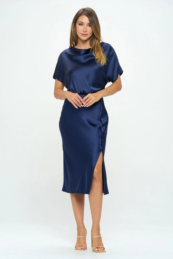 Satin Stretch Print Dress With Slit-Dress-Renee C.-S-NAVY-Urbanheer