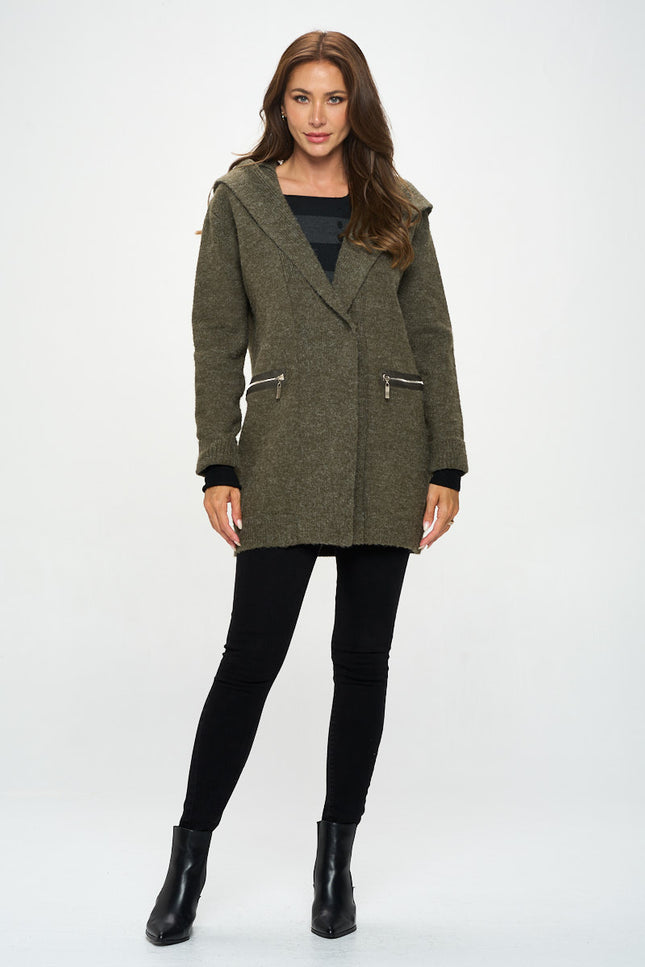 Olive Knit Open Front Cardigan With Hoodie And Zipper Detail-Renee C.-Urbanheer