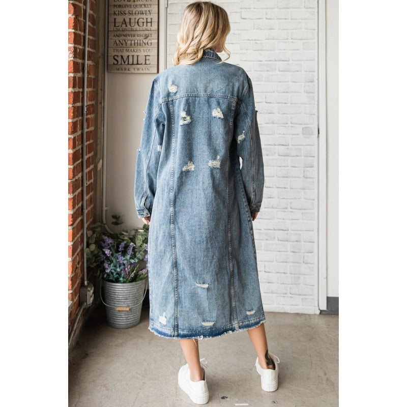 Long Sleeve Destroyed Denim Long Jacket-Jacket-Pink Irene Wholesale-S-Urbanheer