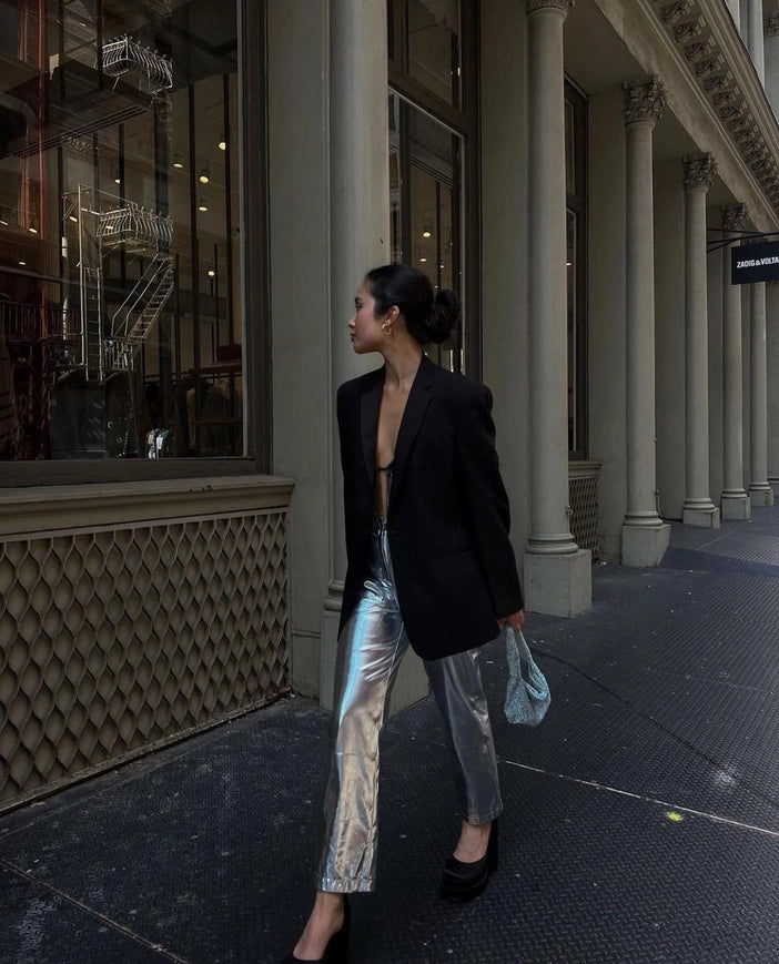 Lupe Straight Faux Leather Metallic Pants Silver-Pants-Amy Lynn-S-Urbanheer