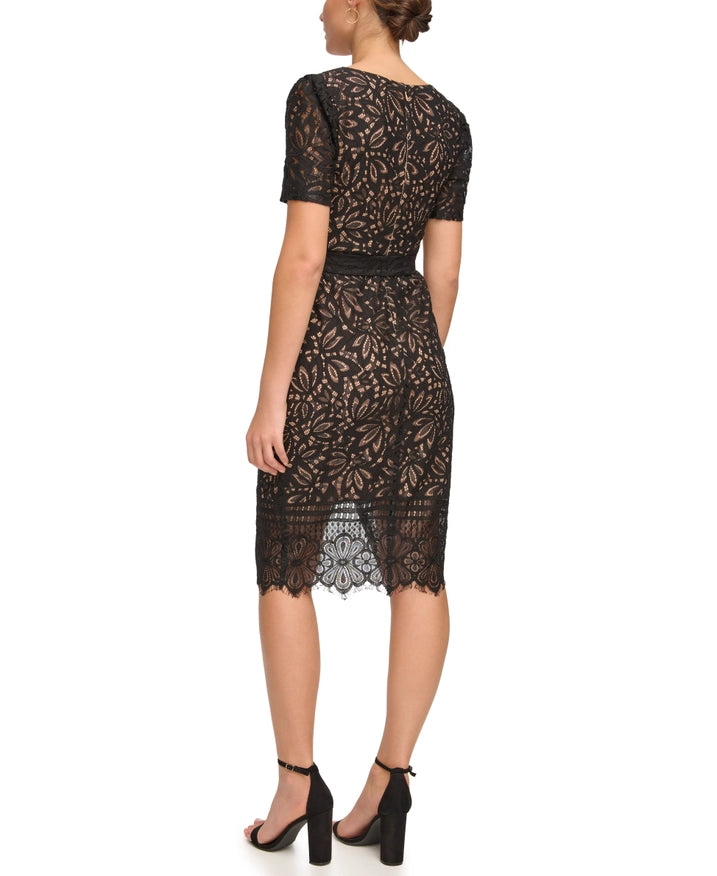 Corded Lace Fitted Dress-Dress-Kensie Dresses-8-BLACK/NUDE-Urbanheer