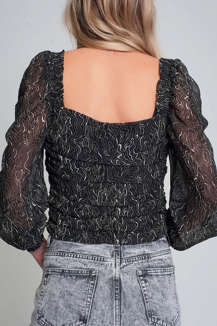 See-Through Top with Long Sleeves Geo Print in Black Color-Top-Q2-L-Urbanheer