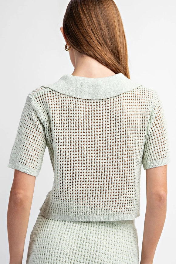 Short Sleeve Open Knit Collared Sweater Top Seafoam-Top-EDIT by NINE-S-Urbanheer