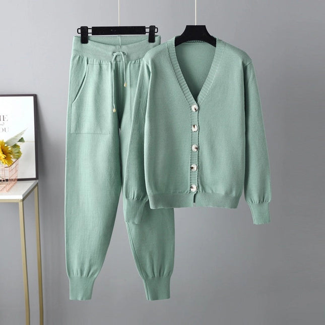 Autumn Winter V Neck Cardigan Sweater Harem Pants Suit Two Piece Sweater-Suits-Blak Wardrob-One Size-Green-Urbanheer