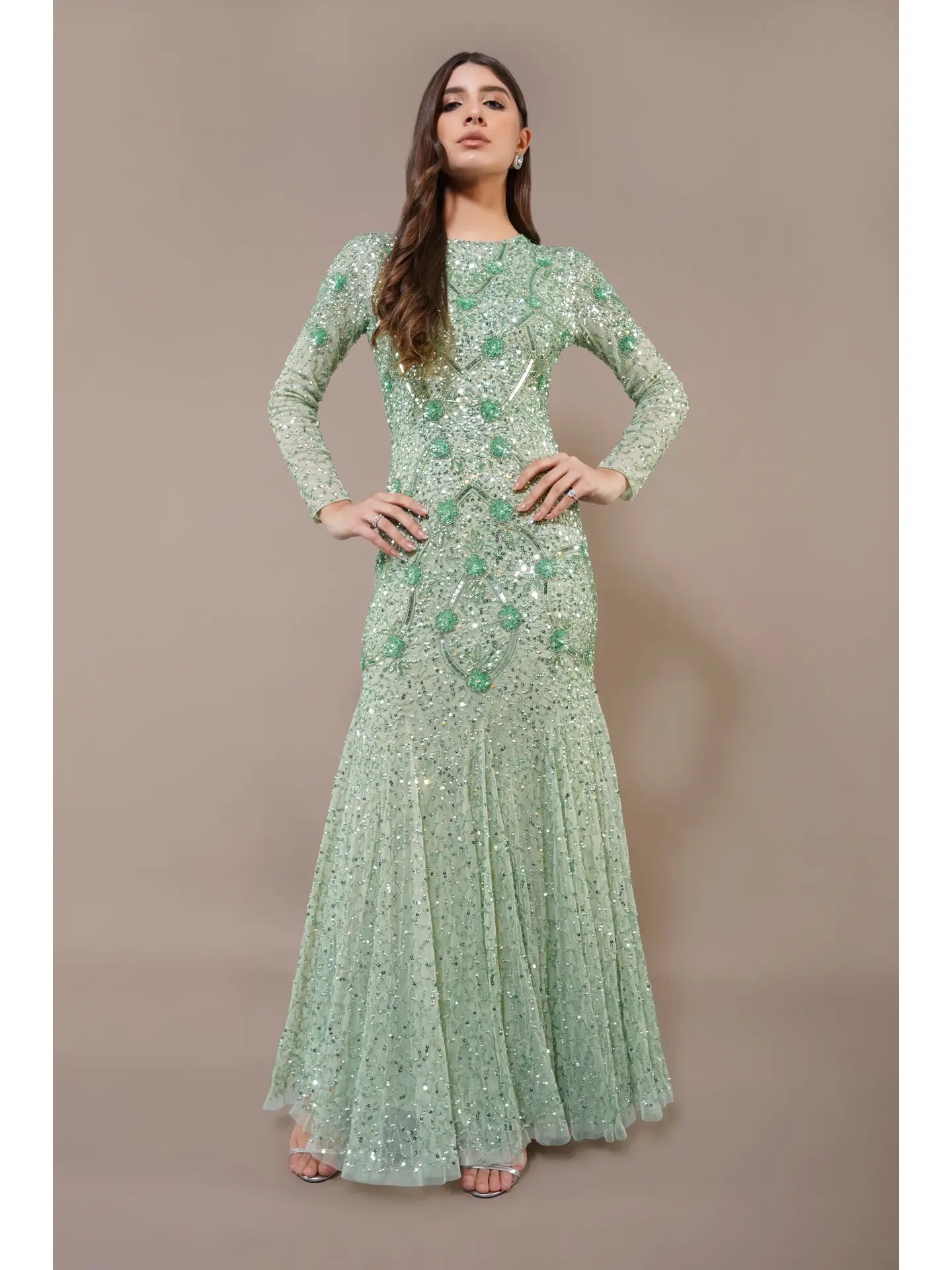 Zinnia Embellished Maxi Dress in Sage Green-Dress-Lace & Beads-UK6-Sage Green-Urbanheer