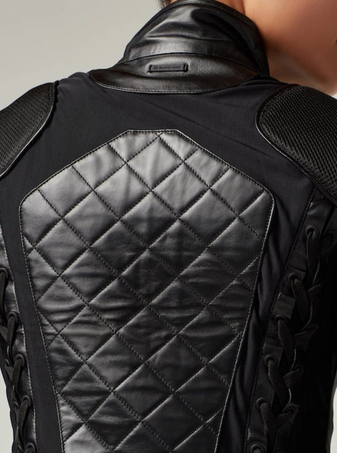 Classic Black Quilted Genuine Leather Mesh Moto Jacket