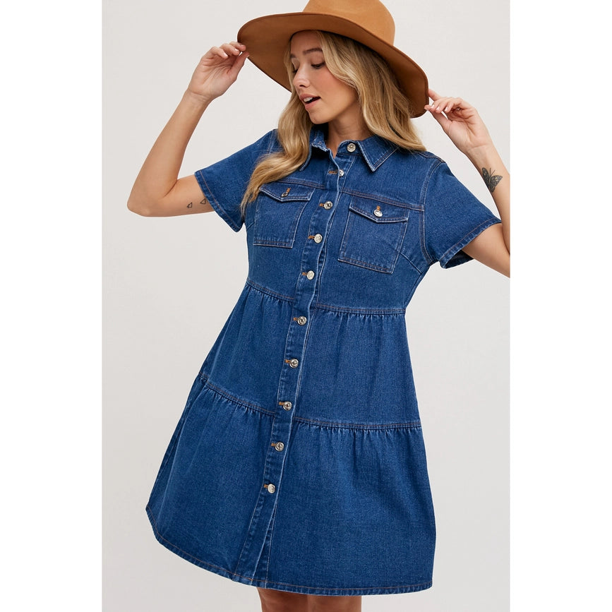 Tiered Denim Shirt Dress Med Wash-Dress-Faith Apparel-S-Urbanheer