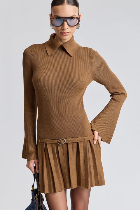 Drop-Waist Pleated Mini Sweater Dress - Russet Brown