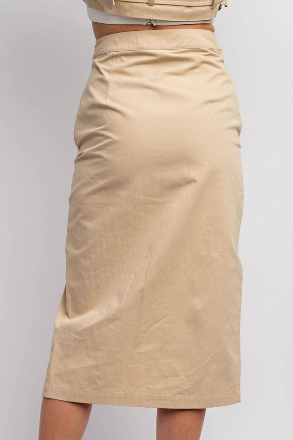 Woven Midi Skirt with Button Detail Taupe-SKIRT-EDIT by NINE-S-Urbanheer
