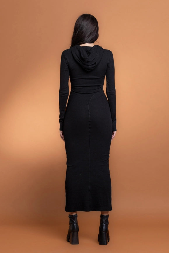 Ribbed Zip Up Maxi Dress w/ Hoodie-Hoodie-No Vacancy-S-Heather Grey-Urbanheer