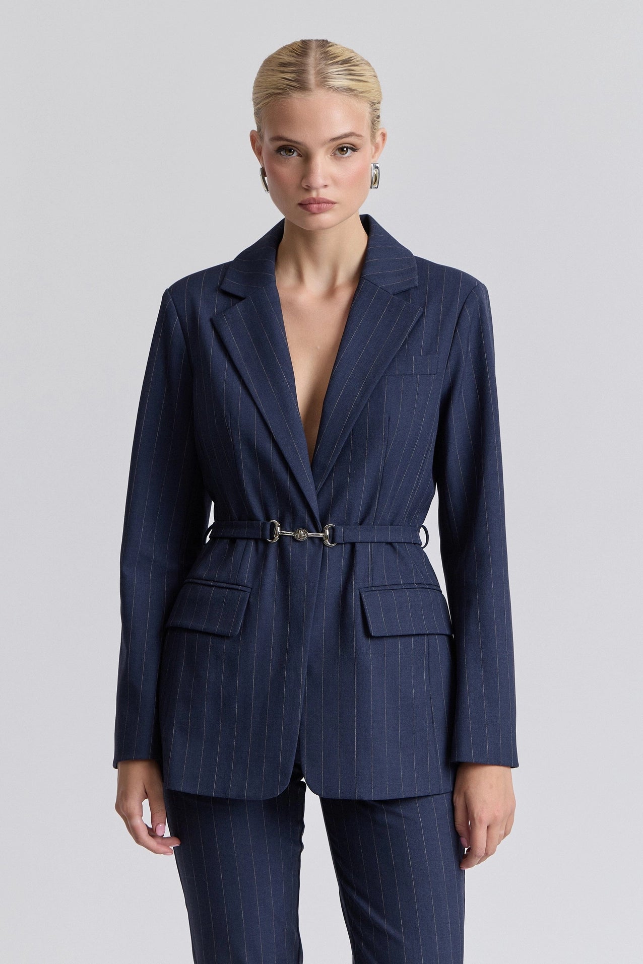 Pinstripe Belted Blazer