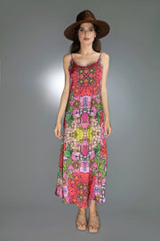 Deep V-Neckline Red Golden Garden Patterns Satin Slip Dress-Nuvula-XS-Urbanheer