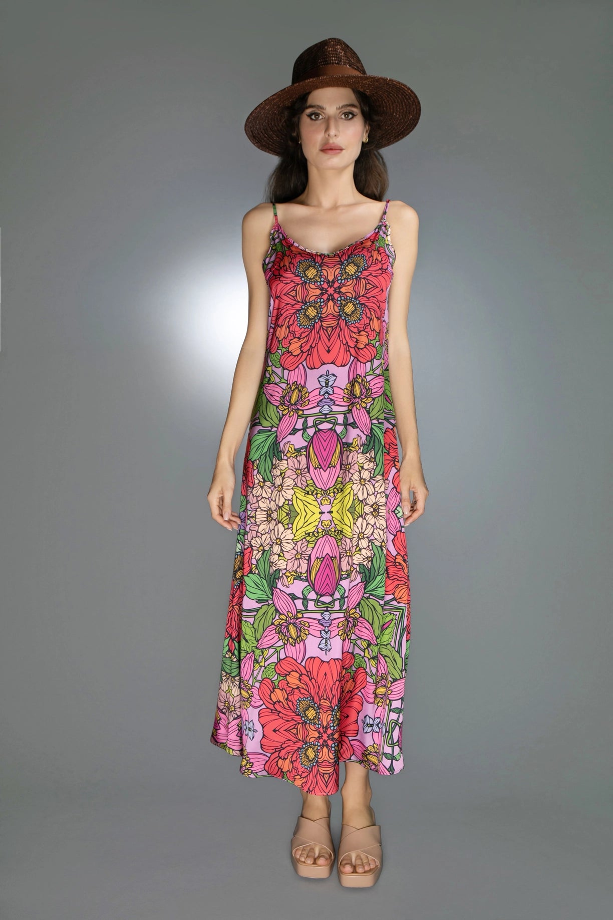 Deep V-Neckline Red Golden Garden Patterns Satin Slip Dress-Nuvula-XS-Urbanheer