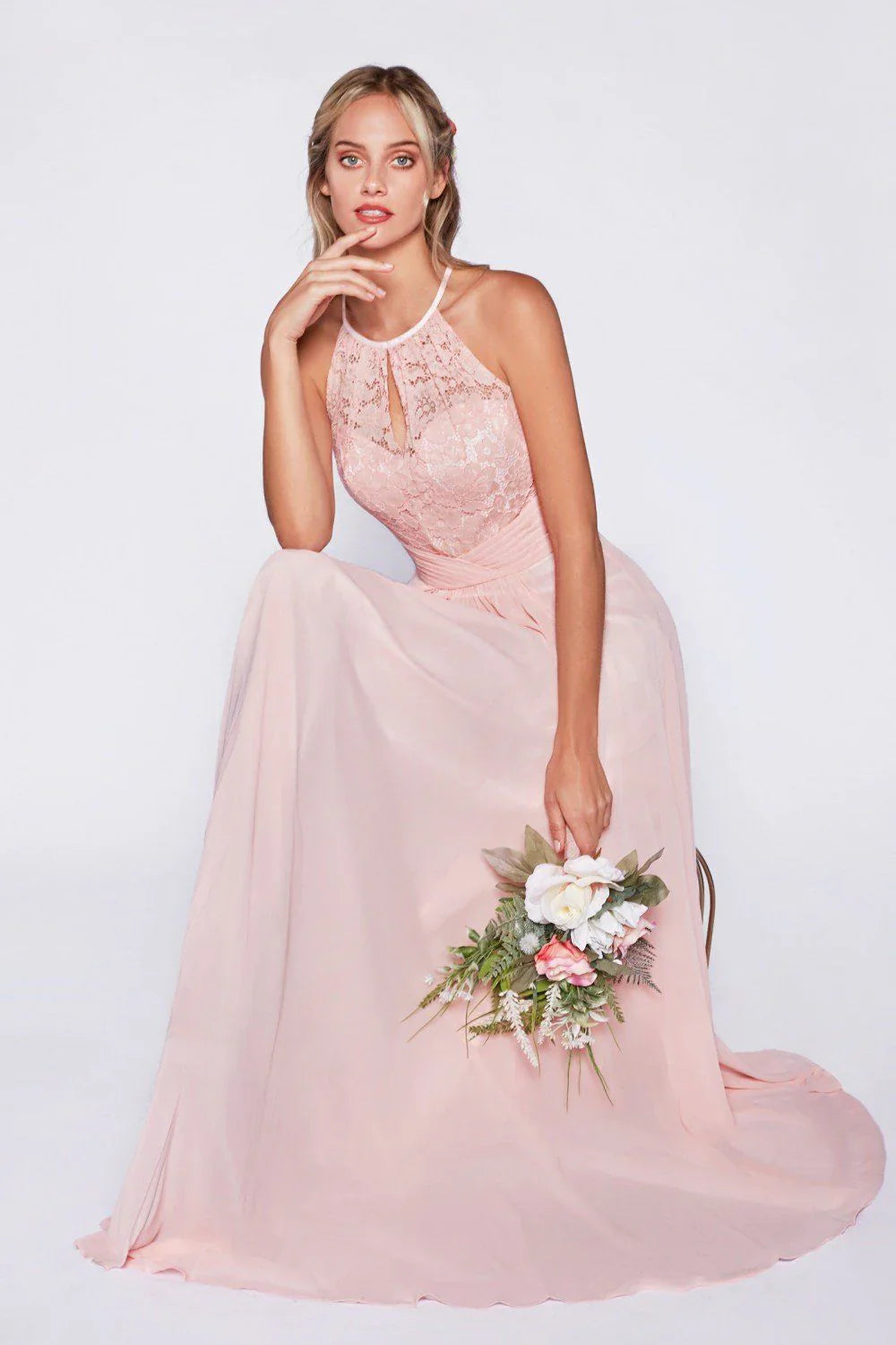 A-Line Chiffon Dress with Lace Keyhole Halter-Night Out-Tux-USA-6-Blush-Urbanheer