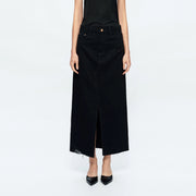 A-Line Denim Midi Skirt(Frayed Hem,Slit)-Skirt-BAYEAS-24-BLACK-Urbanheer