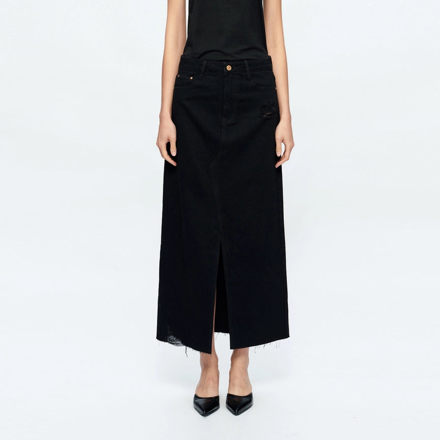A-Line Denim Midi Skirt(Frayed Hem,Slit)-Skirt-BAYEAS-24-BLACK-Urbanheer