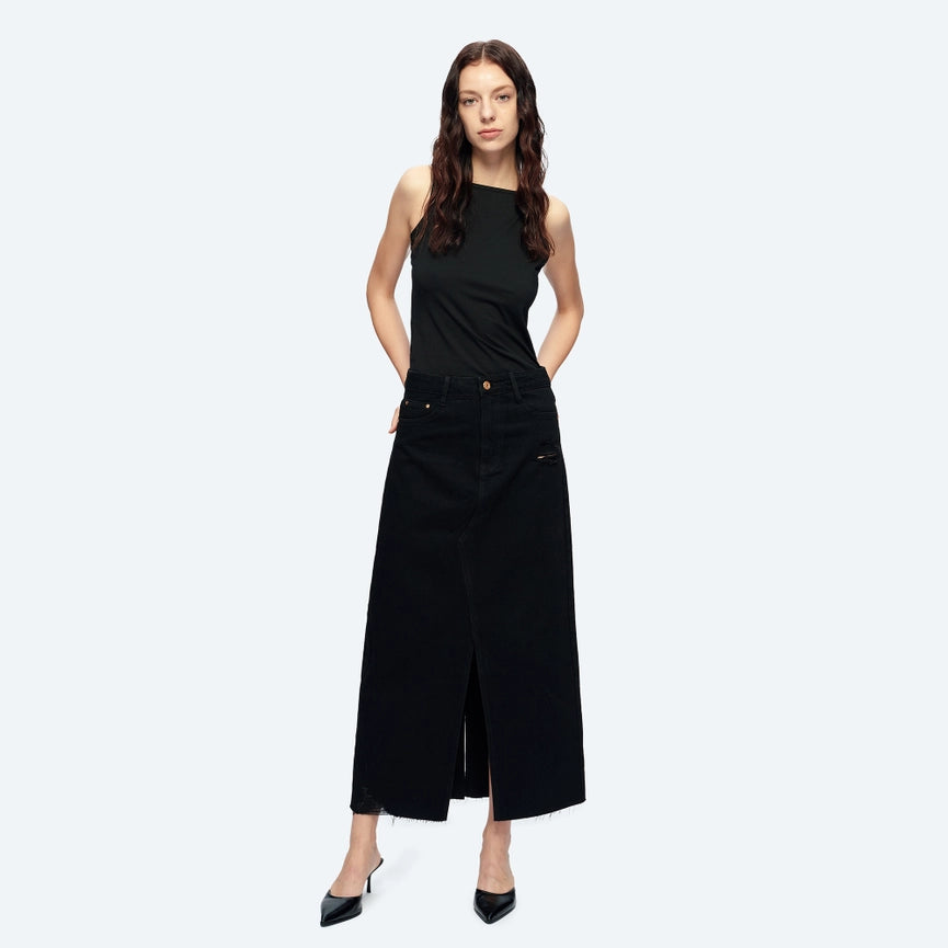 A-Line Denim Midi Skirt(Frayed Hem,Slit)-Skirt-BAYEAS-24-BLACK-Urbanheer