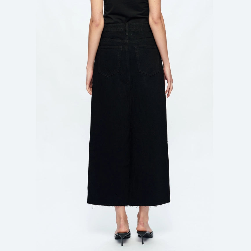 A-Line Denim Midi Skirt(Frayed Hem,Slit)-Skirt-BAYEAS-24-BLACK-Urbanheer