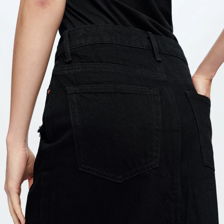 A-Line Denim Midi Skirt(Frayed Hem,Slit)-Skirt-BAYEAS-24-BLACK-Urbanheer